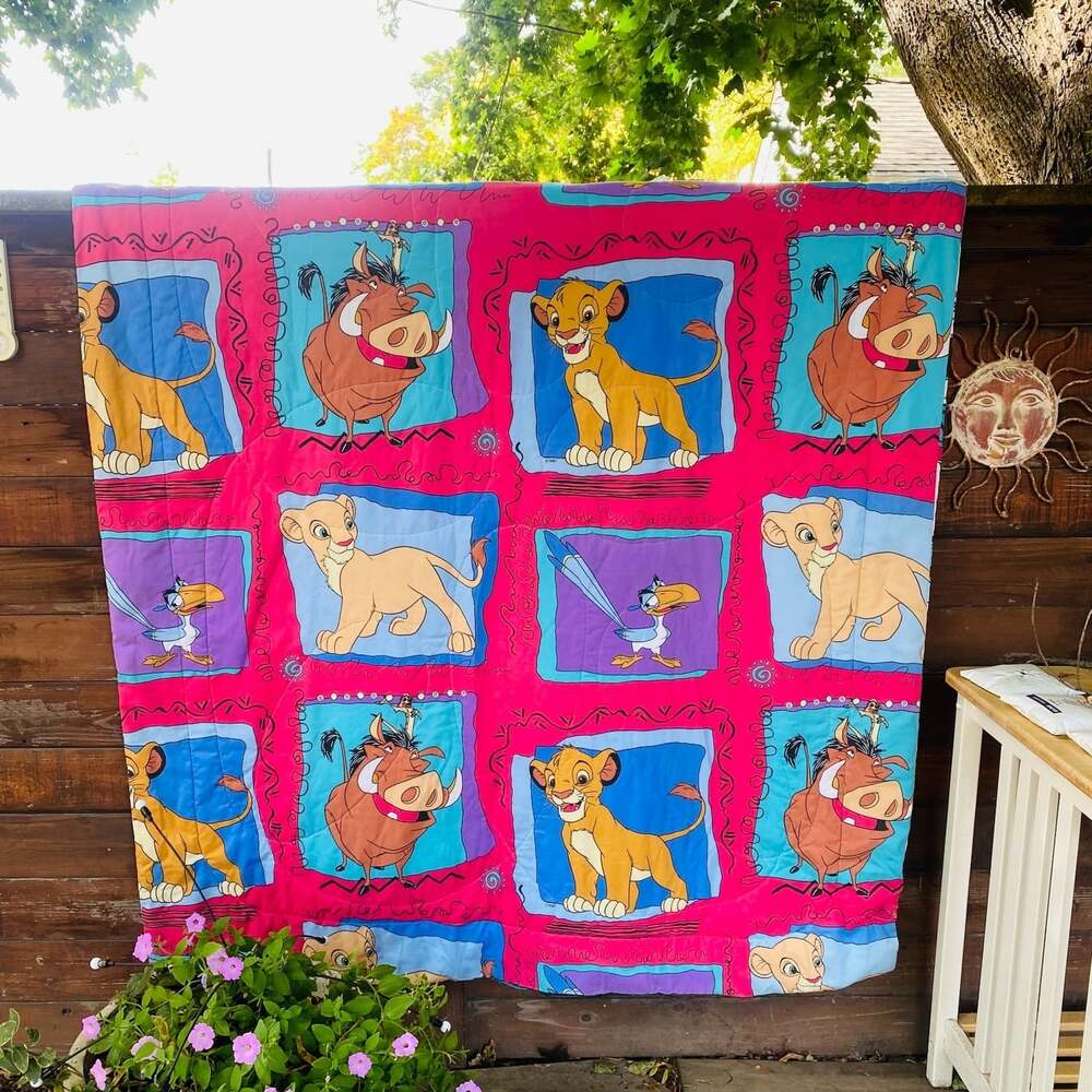 Vintage 90s Disney Lion King Twin Quilt 62x85 Reversible Simba Nala Comforter
